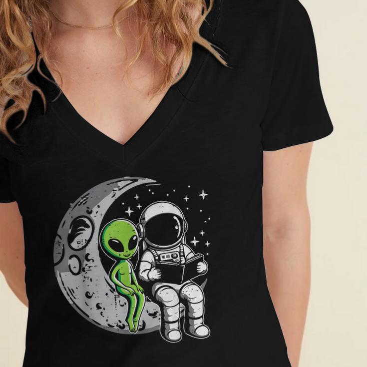 Astronaut Reading Book To Alien Moon Space Women Kids Men Women's Jersey Short Sleeve Deep V-Neck Tshirt