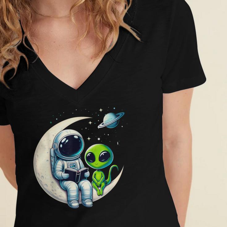 Astronaut Reading Book To Alien Shirt Moon Space Lover Kids Women's Jersey Short Sleeve Deep V-Neck Tshirt