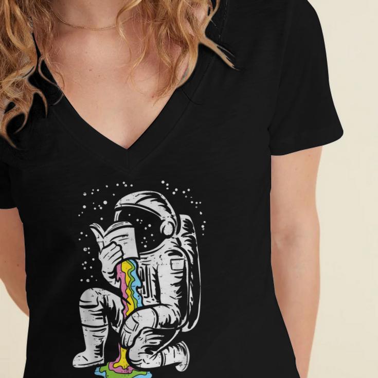 Astronaut Reading Book Space Galaxy Bookworm Men Women Kids Women's Jersey Short Sleeve Deep V-Neck Tshirt