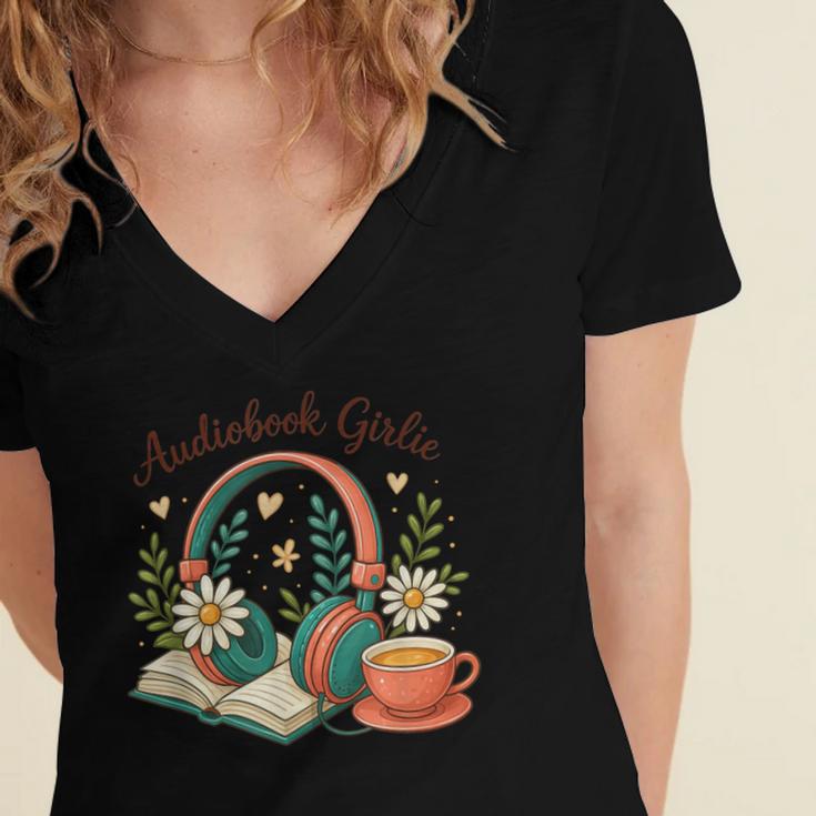 Audiobook Girlie Headphones Book Tea Love Women's Jersey Short Sleeve Deep V-Neck Tshirt