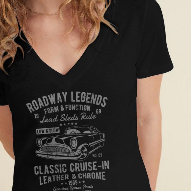 Automotive Nostalgia Classic Car Cruise-In Distressed Women's Jersey Short Sleeve Deep V-Neck Tshirt Automotive Nostalgia Classic Car Cruise-In Distressed Women's Jersey Short Sleeve Deep V-Neck Tshirt