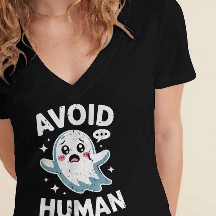 Avoid Humans Cute Kawaii Pastel Ghost Introvert Saying Women's Jersey Short Sleeve Deep V-Neck Tshirt Avoid Humans Cute Kawaii Pastel Ghost Introvert Saying Women's Jersey Short Sleeve Deep V-Neck Tshirt