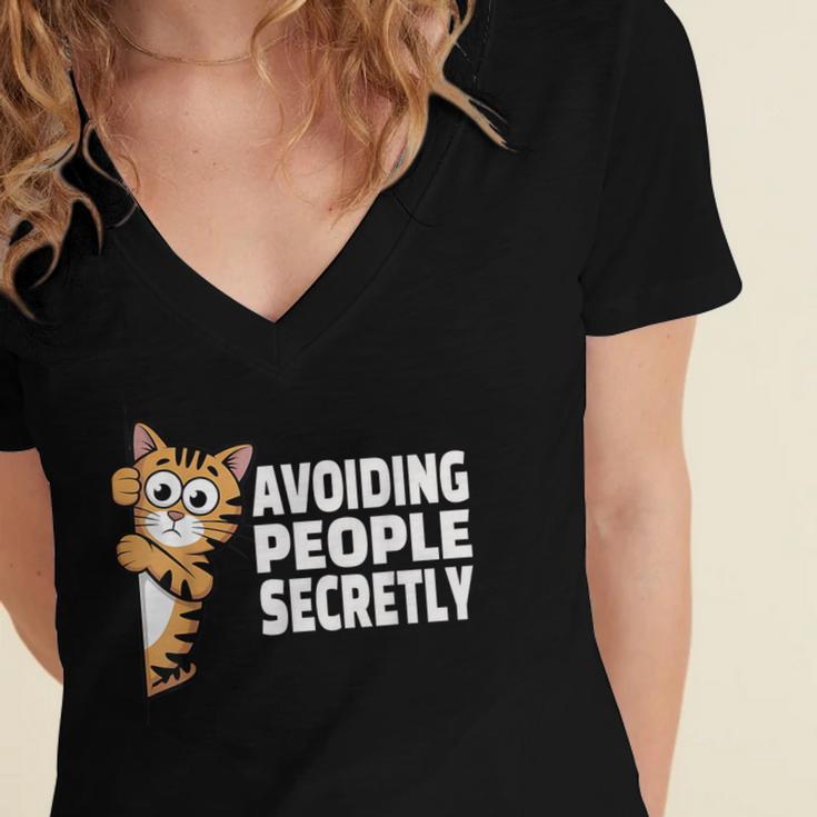 Avoiding People Secretly Cat Introvert Humor Women's Jersey Short Sleeve Deep V-Neck Tshirt