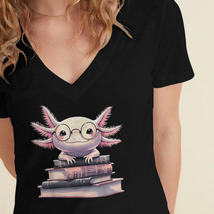 Axolotl Books Readsalotl Reading Bookworm Kawaii Axolotl Women's Jersey Short Sleeve Deep V-Neck Tshirt