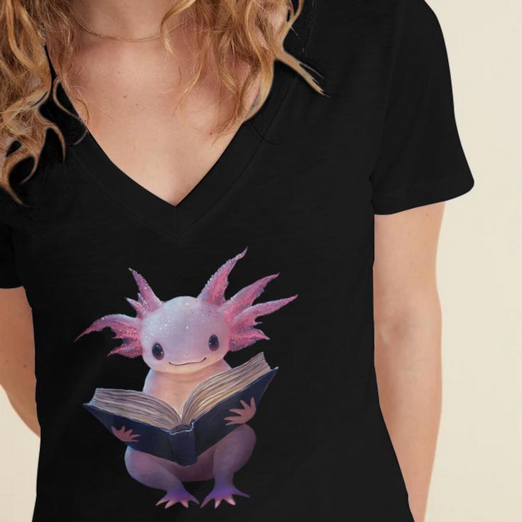 Axolotl Bookworm Reading Book Kawaii Graphic Women's Jersey Short Sleeve Deep V-Neck Tshirt