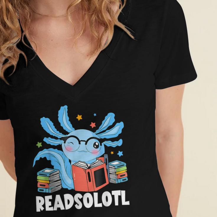 Axolotl Read Book Kawaii Reading Books For Men Women Women's Jersey Short Sleeve Deep V-Neck Tshirt