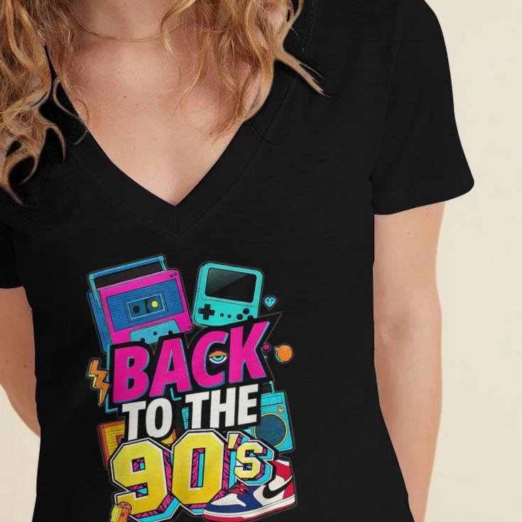 Back To The 90s Nostalgia Cassette Game Console Boombox Women's Jersey Short Sleeve Deep V-Neck Tshirt