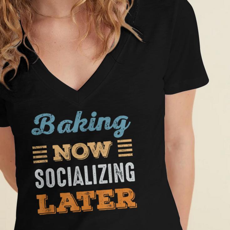 Baking Now Minimal Socializing Introvert Vintage Women's Jersey Short Sleeve Deep V-Neck Tshirt