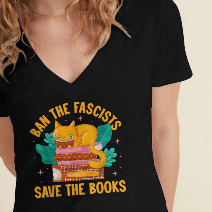 Ban The Fascist Save The Books For a Book Fan Women's Jersey Short Sleeve Deep V-Neck Tshirt