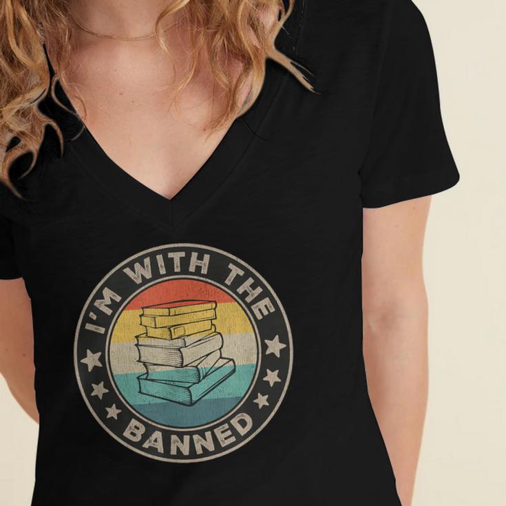 Im With The Banned Book Readers Retro Librarians Teachers Women's Jersey Short Sleeve Deep V-Neck Tshirt