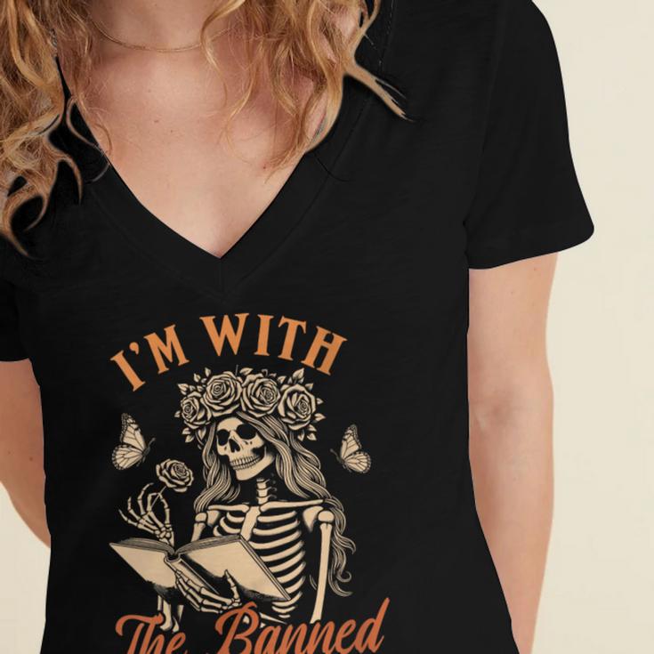 Banned Book Reading Squad Bookish I'm With The Banned Women's Jersey Short Sleeve Deep V-Neck Tshirt Banned Book Reading Squad Bookish I'm With The Banned Women's Jersey Short Sleeve Deep V-Neck Tshirt