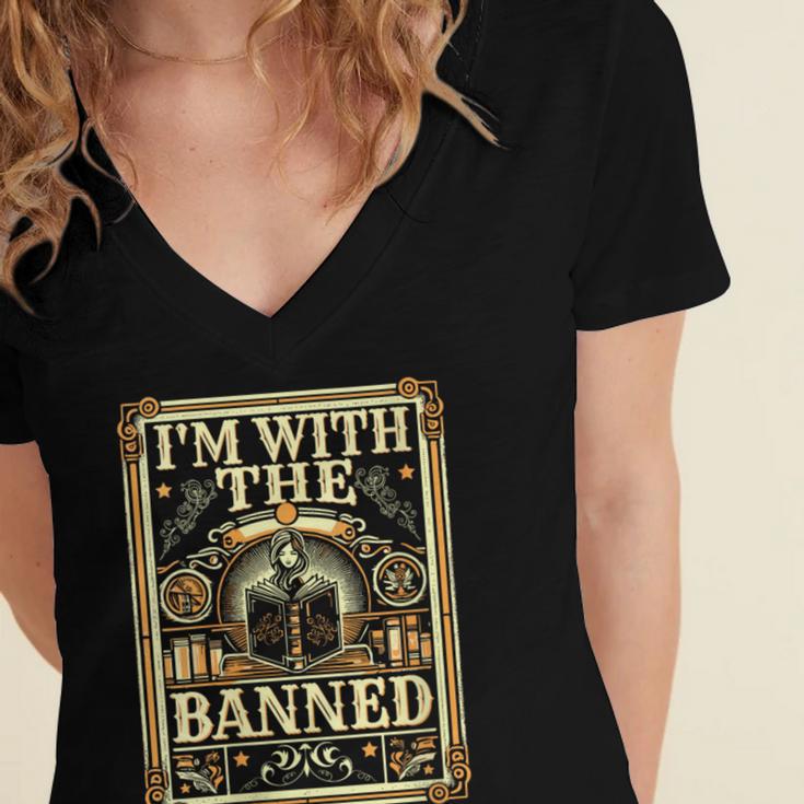 Banned Books Librarian Book Readers I m With The Banned Women's Jersey Short Sleeve Deep V-Neck Tshirt Banned Books Librarian Book Readers I m With The Banned Women's Jersey Short Sleeve Deep V-Neck Tshirt