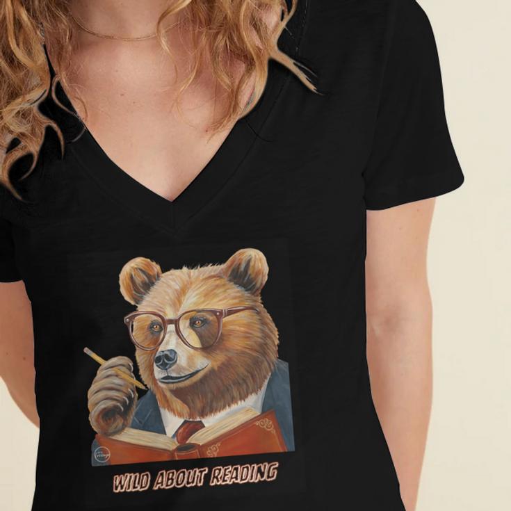 Bear Reading Book Glasses Library Zoo Teacher School Animal Women's Jersey Short Sleeve Deep V-Neck Tshirt