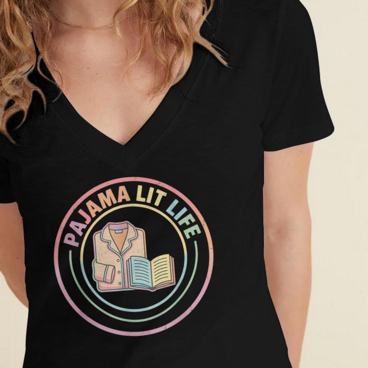 Bedtime Book Lover Reading Pajamas Women's Jersey Short Sleeve Deep V-Neck Tshirt