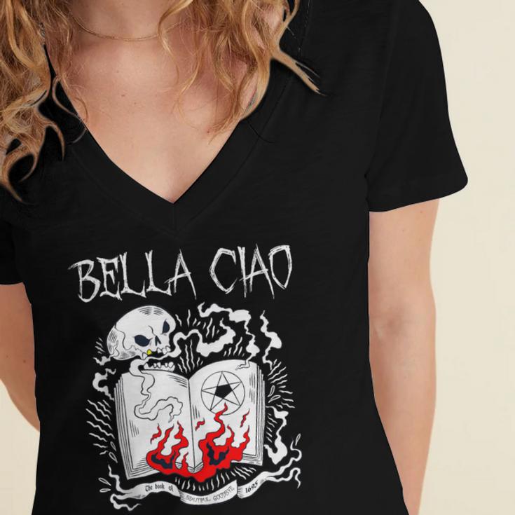 Bella Ciao Goodbye Beautiful Skull Book Of Dark Magic Occult Women's Jersey Short Sleeve Deep V-Neck Tshirt