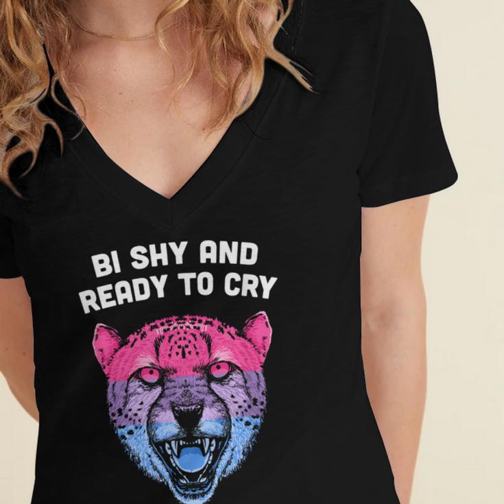 Bi Shy And Ready To Cry Bisexual Introvert Bi Pride Women's Jersey Short Sleeve Deep V-Neck Tshirt Bi Shy And Ready To Cry Bisexual Introvert Bi Pride Women's Jersey Short Sleeve Deep V-Neck Tshirt