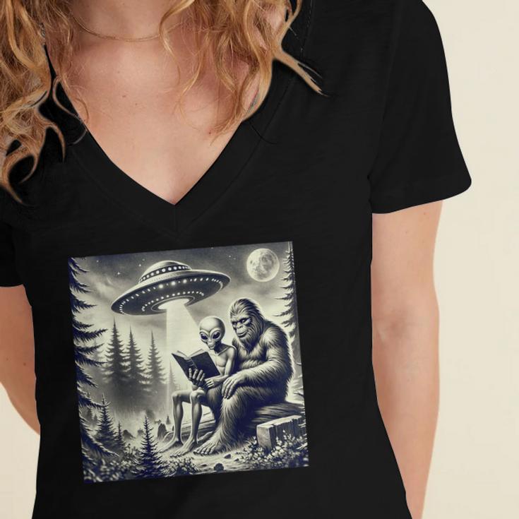 Bigfoot With Alien Reading A Book Bigfoot And UFO Women's Jersey Short Sleeve Deep V-Neck Tshirt