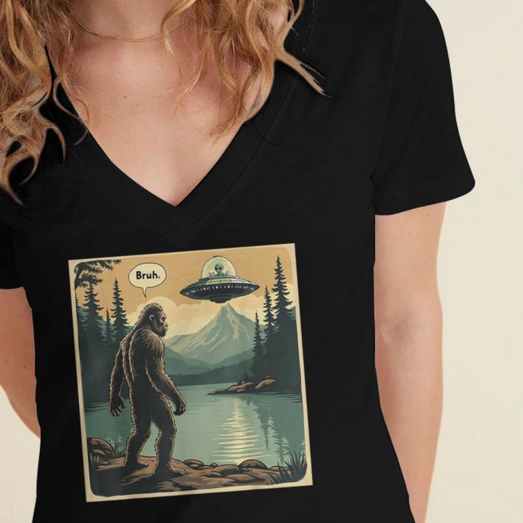 Bigfoot Sasquatch Alien Spaceship UFO Introvert Bruh Women's Jersey Short Sleeve Deep V-Neck Tshirt