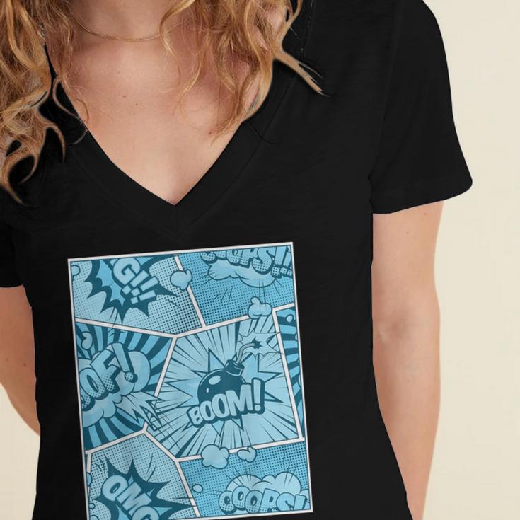 Blue Comic Book Blue Graphic Women's Jersey Short Sleeve Deep V-Neck Tshirt