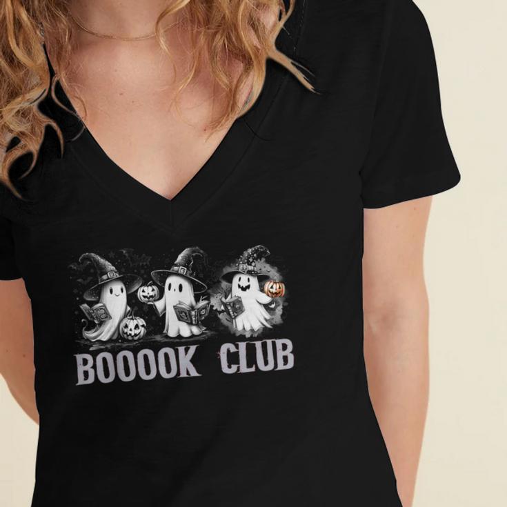 Boo Ghost Books Book Club Halloween Women School Teacher Women's Jersey Short Sleeve Deep V-Neck Tshirt