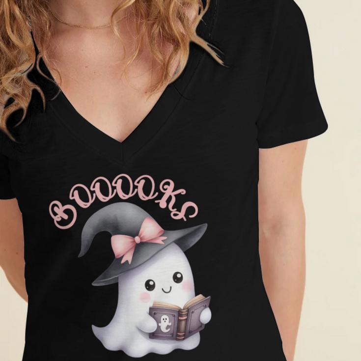 Boo Ghost Books Coquette Bow Halloween Women School Teacher Women's Jersey Short Sleeve Deep V-Neck Tshirt Boo Ghost Books Coquette Bow Halloween Women School Teacher Women's Jersey Short Sleeve Deep V-Neck Tshirt