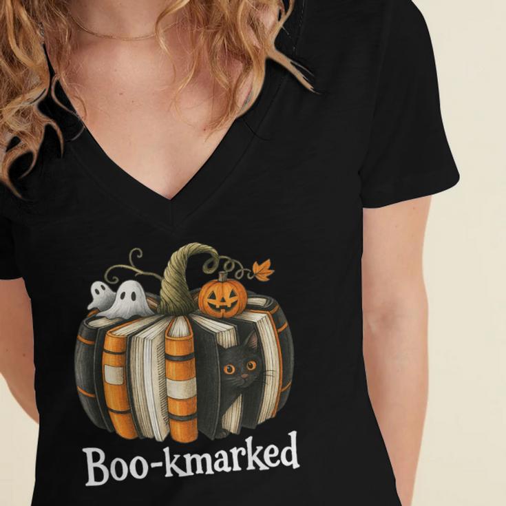 Boo-Kmarked Fall Pumpkin Books Halloween Teacher Teaching Women's Jersey Short Sleeve Deep V-Neck Tshirt