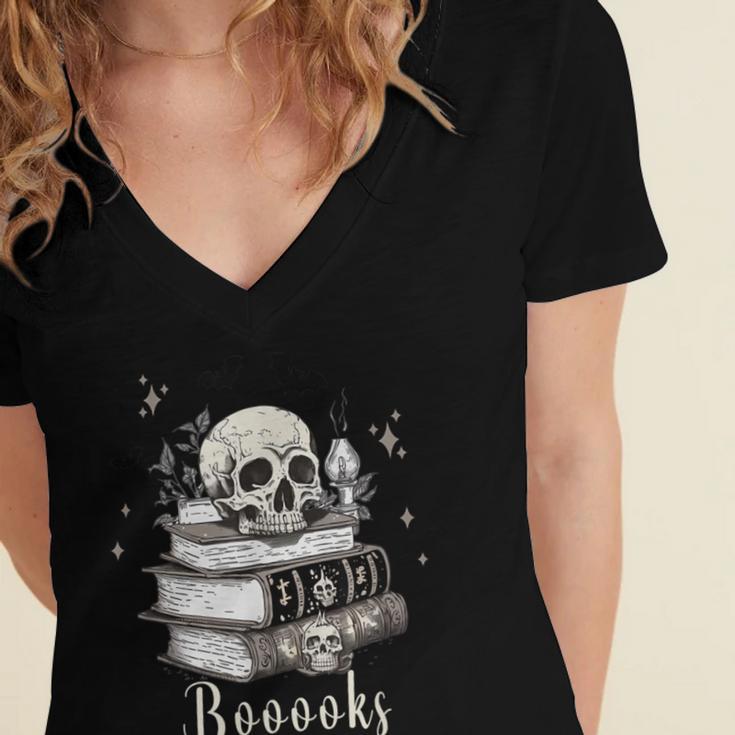 Boo Skeleton Skull Books Halloween Women School Teacher Kid Women's Jersey Short Sleeve Deep V-Neck Tshirt Boo Skeleton Skull Books Halloween Women School Teacher Kid Women's Jersey Short Sleeve Deep V-Neck Tshirt