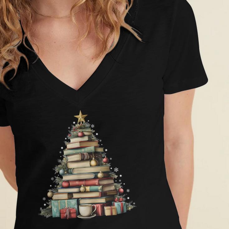 Book Christmas Tree Books Lovers Xmas Teacher Men Women Kids Women's Jersey Short Sleeve Deep V-Neck Tshirt