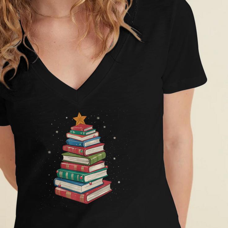 Book Christmas Tree Book Lover Teacher Librarian Men Women Women's Jersey Short Sleeve Deep V-Neck Tshirt