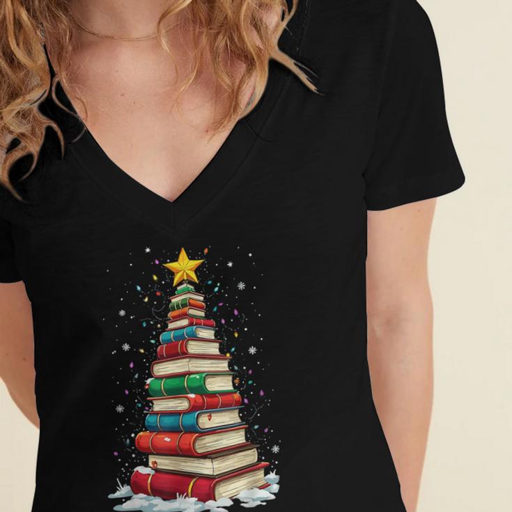 Book Christmas Tree Book Lover Teacher Librarian Women's Jersey Short Sleeve Deep V-Neck Tshirt