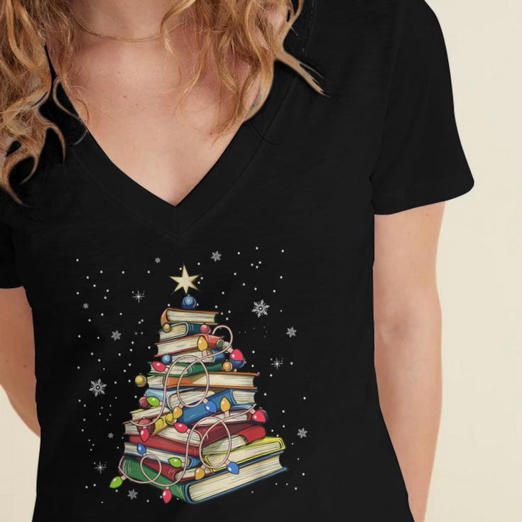Book Christmas Tree Teacher Book Lover Crew Neck Modern Classic Christmas Small Short Sleeve -Adults -Kids Women's Jersey Short Sleeve Deep V-Neck Tshirt