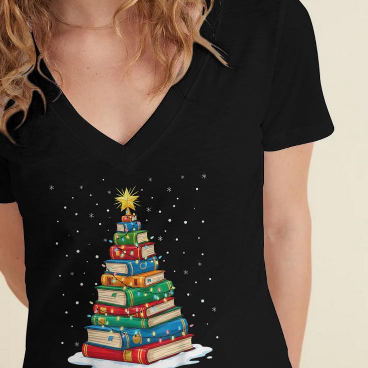 Book Christmas Tree Xmas Lights Book Lover Teacher Librarian Women's Jersey Short Sleeve Deep V-Neck Tshirt