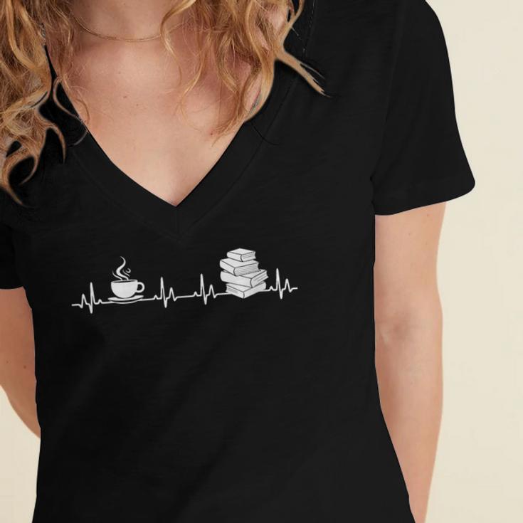 Book And Coffee Heartbeat Books Lovers Women's Jersey Short Sleeve Deep V-Neck Tshirt