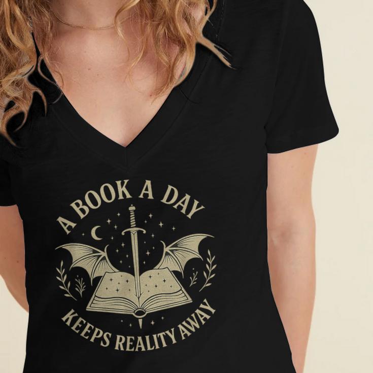 A Book A Day Keeps Reality Away Reading Escape Quote Women's Jersey Short Sleeve Deep V-Neck Tshirt A Book A Day Keeps Reality Away Reading Escape Quote Women's Jersey Short Sleeve Deep V-Neck Tshirt