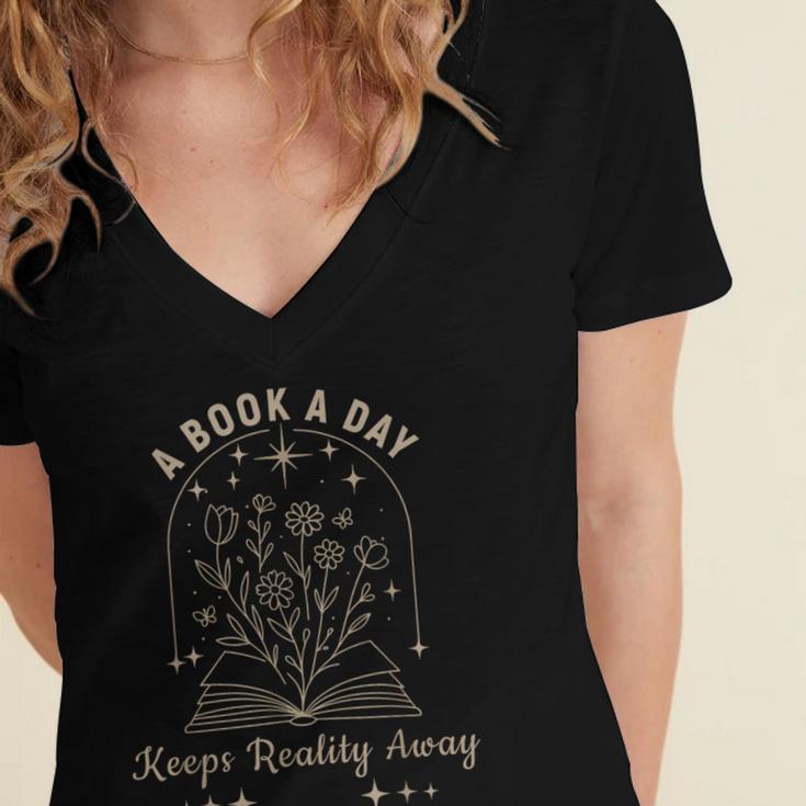 A Book A Day Keeps Reality Away Women's Jersey Short Sleeve Deep V-Neck Tshirt