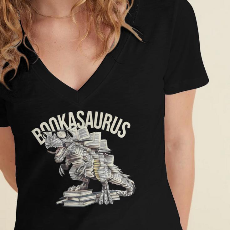 Book Dinosaur Bookworm T-Rex Dino Reading Books Book Women's Jersey Short Sleeve Deep V-Neck Tshirt