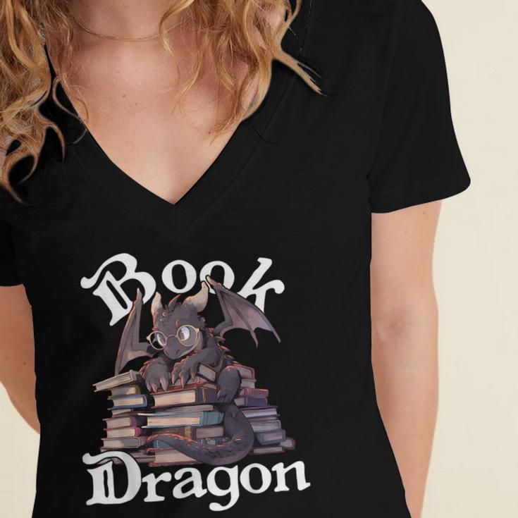 Book Dragon Book Lover Bookworm Book Reader Librarian Women's Jersey Short Sleeve Deep V-Neck Tshirt