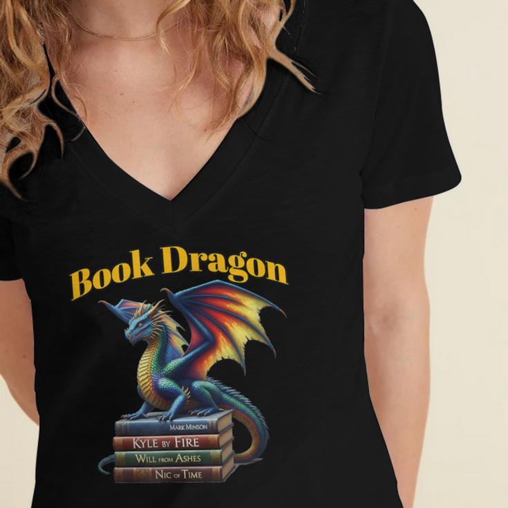 Book Dragon Mark Minson's Books Women's Jersey Short Sleeve Deep V-Neck Tshirt Book Dragon Mark Minson's Books Women's Jersey Short Sleeve Deep V-Neck Tshirt