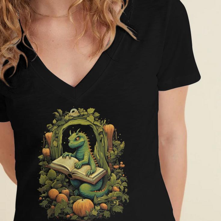 Book Dragon Reading Books Bookworm Fantasy Women's Jersey Short Sleeve Deep V-Neck Tshirt
