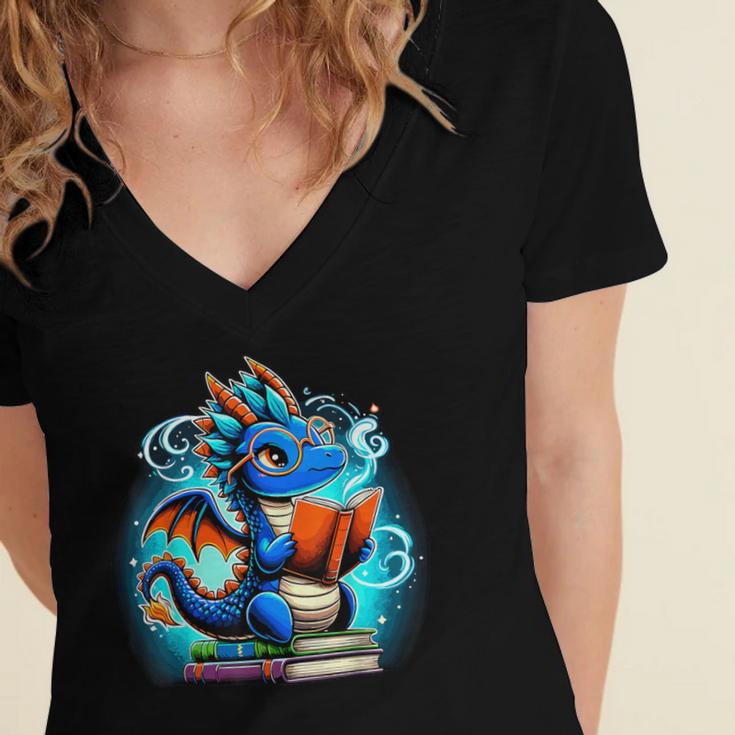 Book Dragon Reading Lover Women's Jersey Short Sleeve Deep V-Neck Tshirt