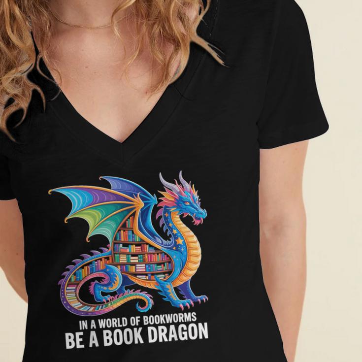 Be a Book Dragon Reading Women's Jersey Short Sleeve Deep V-Neck Tshirt