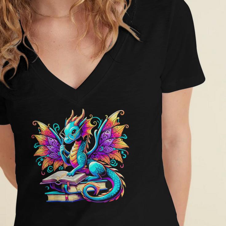 Book Dragon Reading Women's Jersey Short Sleeve Deep V-Neck Tshirt