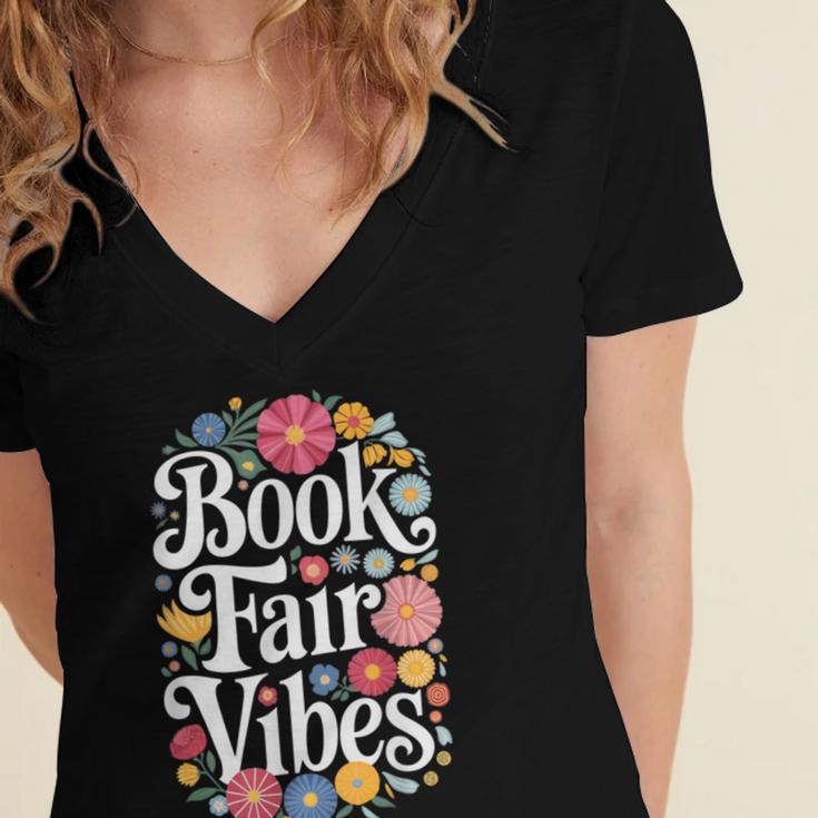 Book Fair Vibes Groovy 70s Retro School Librarian Women's Jersey Short Sleeve Deep V-Neck Tshirt