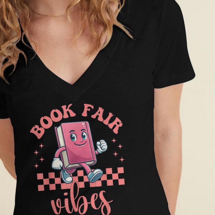 Book Fair Vibes School Librarian Retro 70s Reading Bookworm Women's Jersey Short Sleeve Deep V-Neck Tshirt