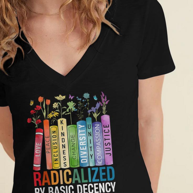 Book Flower Radicalized By Basic Decency Feminist Lgbt Women's Jersey Short Sleeve Deep V-Neck Tshirt