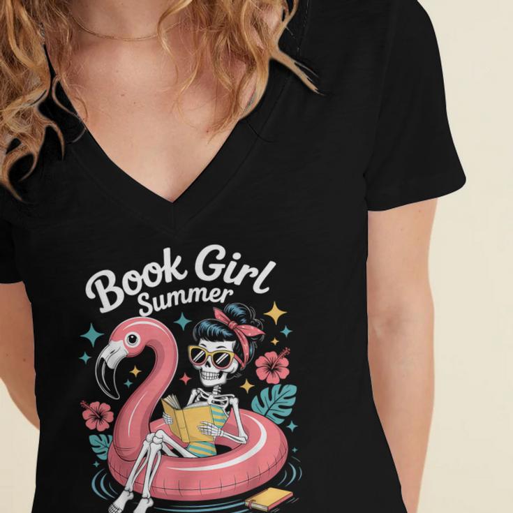 Book Girl Summer Skeleton Reading Books Lovers Beach Women's Jersey Short Sleeve Deep V-Neck Tshirt