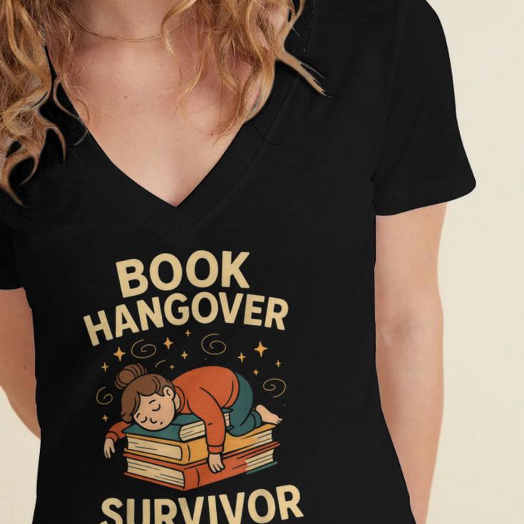 Book Hangover Survivor Reading Humor Librarian Bibliophiles Women's Jersey Short Sleeve Deep V-Neck Tshirt