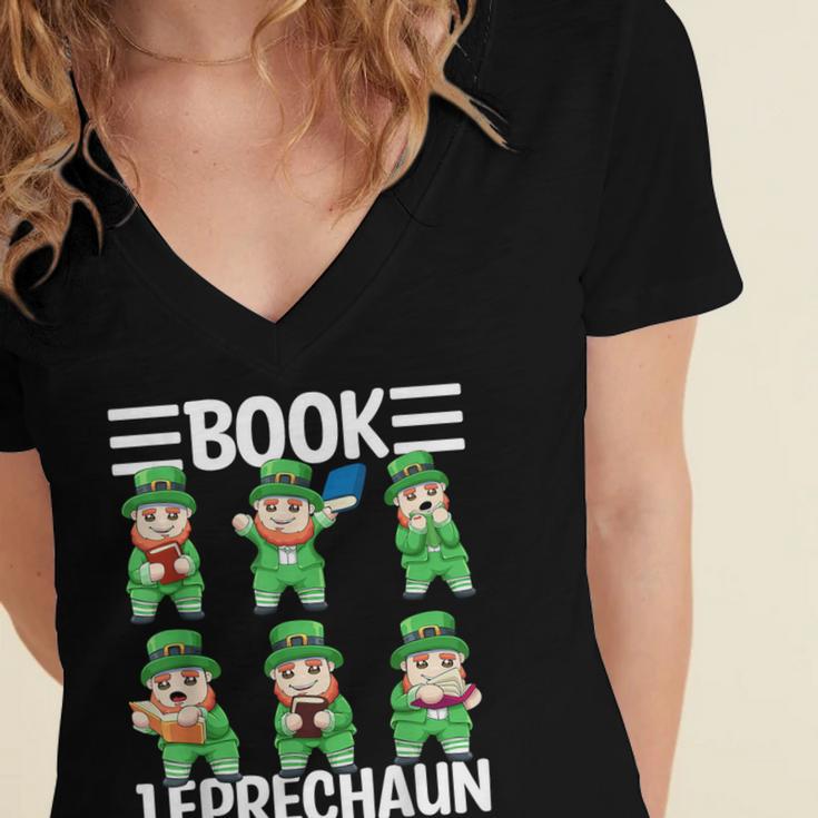 Book Leprechaun St Patrick's Day Library Librarian Reading Women's Jersey Short Sleeve Deep V-Neck Tshirt