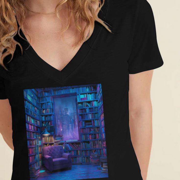Book Library Bookshelf Armchair Window Pattern Print Women's Jersey Short Sleeve Deep V-Neck Tshirt