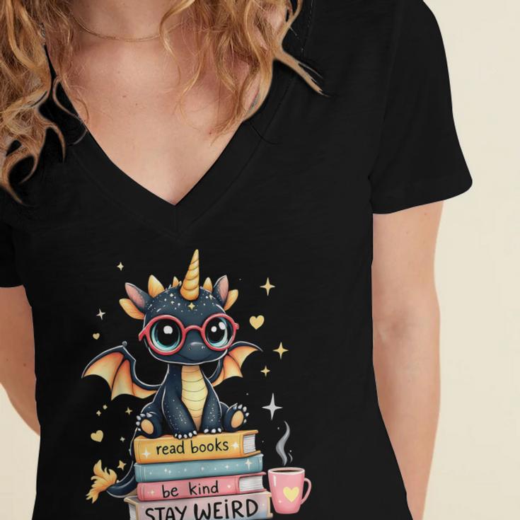 Book Lover Chibi Dragon With Big Red Glasses Bookworm Women's Jersey Short Sleeve Deep V-Neck Tshirt